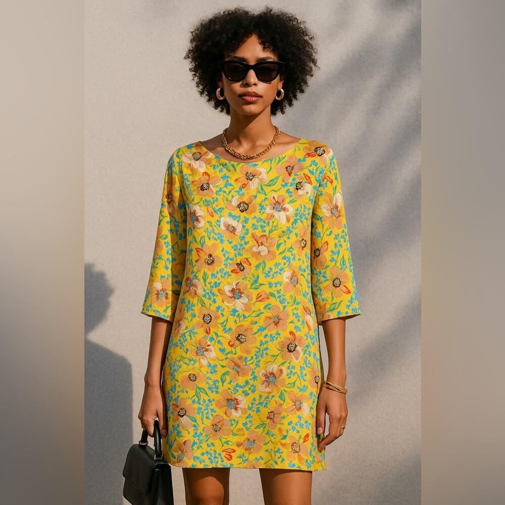 Tucker M 100% silk yellow floral shift dress with back zipper